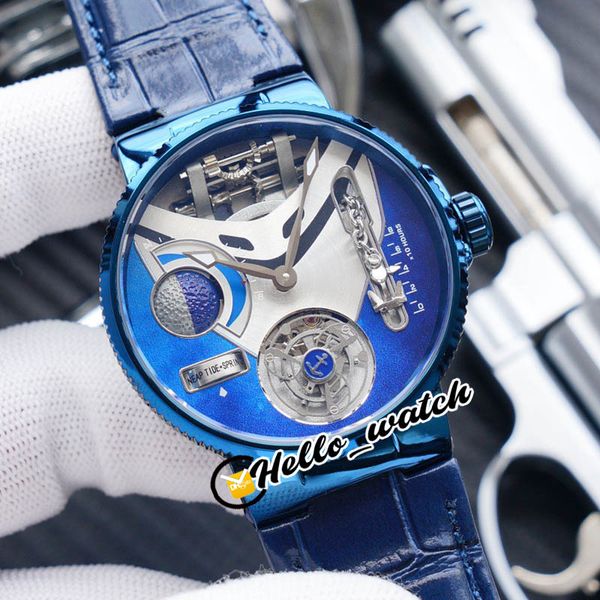 

new mega yacht 44mm 6319-305 enamel 3d blue dial automatic tourbillon mens watch pvd blue steel case blue leather watches hello_watch, Slivery;brown