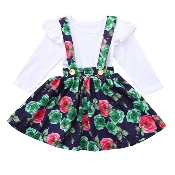 

clearance lovely baby girls 2pcs children kids girls long sleeves t-shirt +floral print belt skirt set outfit z0211, White