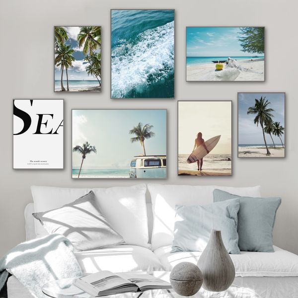 

girl surfboard sea beach palm tree wall art canvas painting nordic posters and prints wall pictures for living room home decor
