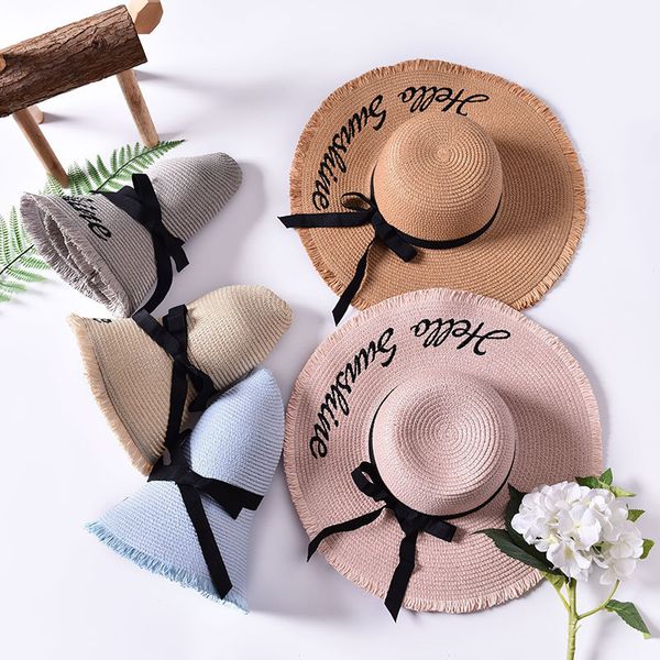 

wide brim hats fashion outdoor beach summer caps handmade weave letter sun for women black ribbon lace up large straw hat, Blue;gray