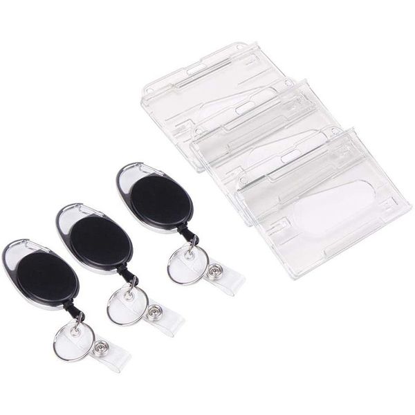 

id card holder and retractable reel set, badge holder with reel clip for identity card pass badge (3pcs, Silver