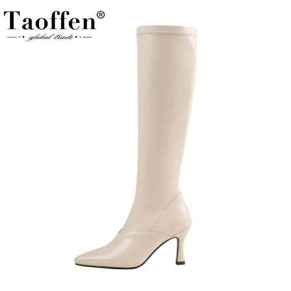

taoffen women knee boots fashion zipper high heel winter shoes woman pointed toe long boot lady party footwear size 33-40, Black
