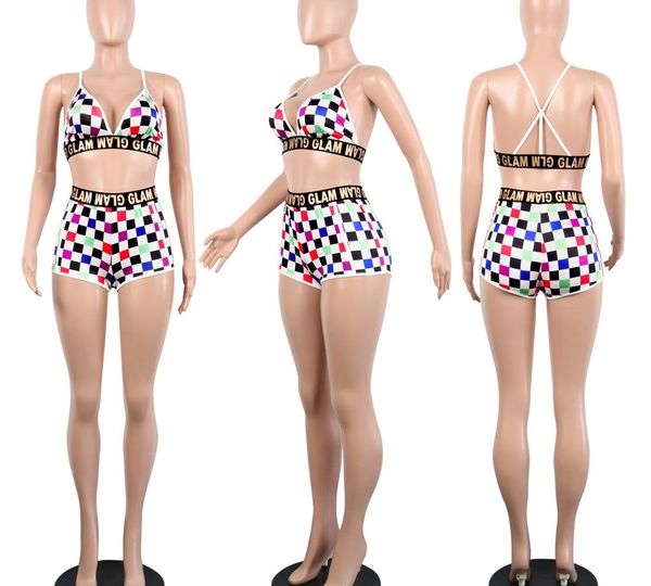 

wholesale- outfits for women summer plaid strap matching suit ladies two piece tracksuit a7014, Gray