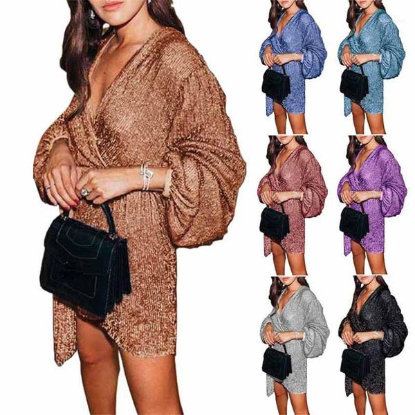 

plus size nightclub dress v neck irregular dress summer women sequin puff sleeve mini dress, Black;gray