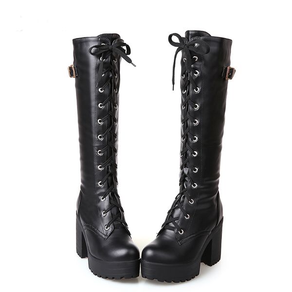 

spring autumn lacing knee high boots women fashion white square heel woman leather shoes winter pu large size 43, Black