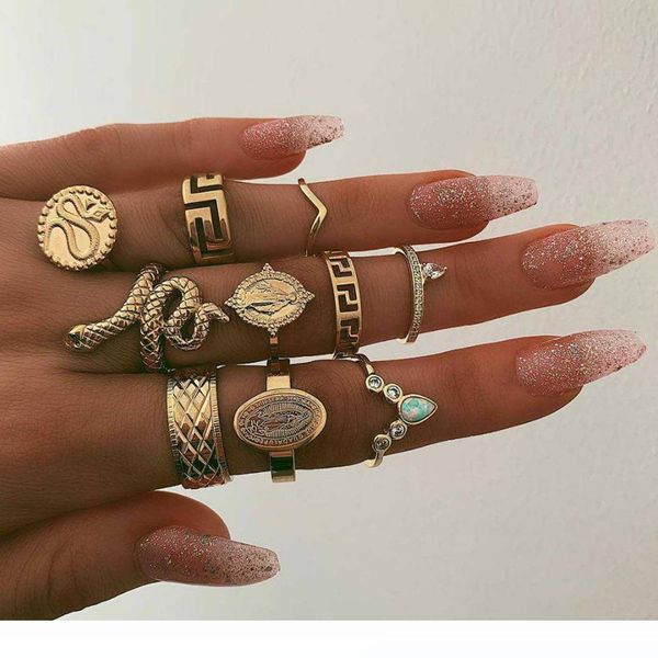 

10 piece rings set buddha statue with diamond serpent rings gold plated bohemia ring for woman diy jewelry, Silver