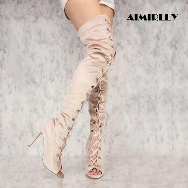 

women's boots thigh high over the knee boots lace up heels big size faux velvet size 4-15.5 handmade support custom, Black