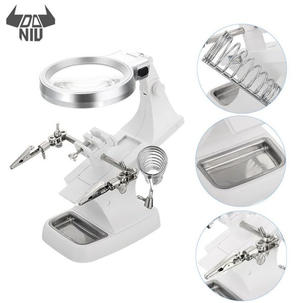 

daniu white led light helping hand soldering stand magnifying glass w/ 3x/4.5x len magnifier multi-functional welding with clip