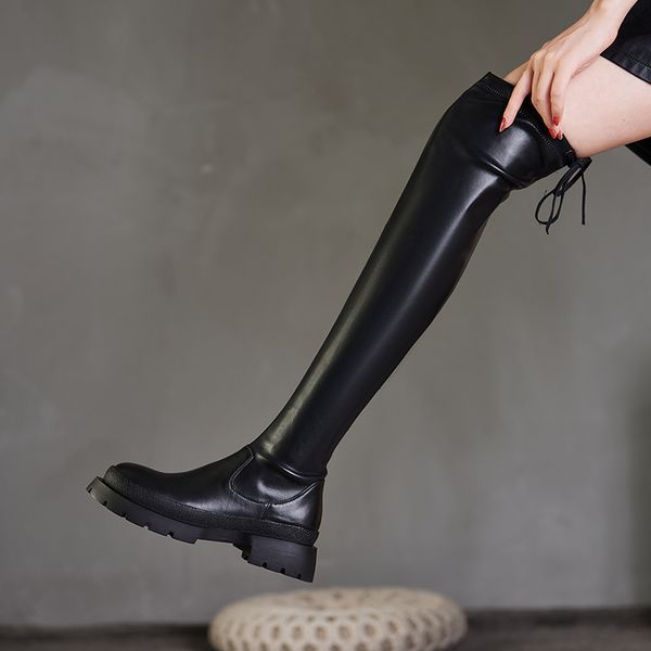 

boots genuine leatehr slim long shoes woman autumn winter chunky med heels wedding party over the knee high, Black