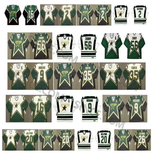 

vintage dallas stars jersey 56 sergei zubov 35 marty turco 9 mike modano 16 brett hull 2 derian hatcher 20 ed belfour lehtinen retro hockey, Black;red