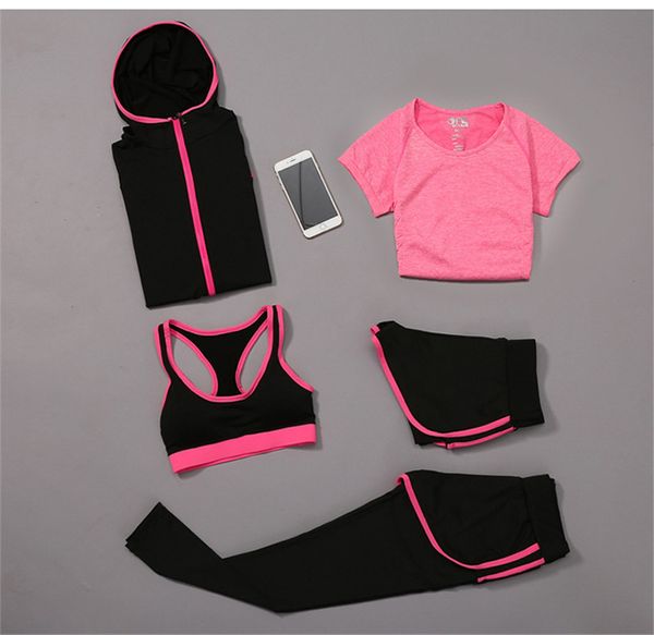 

5 in 1 slim quick drying sportwear training fitness running pants coats bra short trousers yoga suit set, White;red