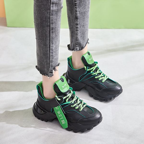 

ladies fashion lace-up sneaker sport cement leather shoes women footwear, Black