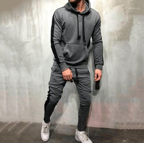

autumn winter hooded sweatshirt drawstring pants male stripe patchwork hoodies 2 pieces sets tracksuit men new, Gray