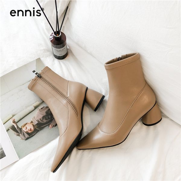 

ennis 2020 fashion stretch ankle boots women high heel boots genuine leather pointed toe shoes autumn winter black a985