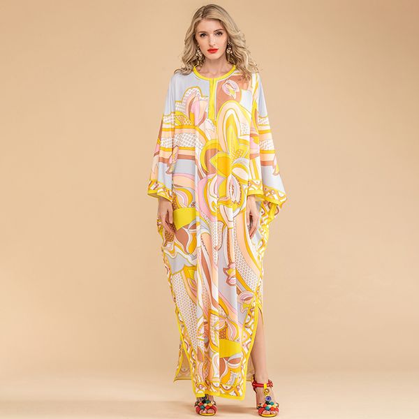 

fashion runway loose maxi dress women batwing sleeve bohemian knitting elastic print long dress, Black