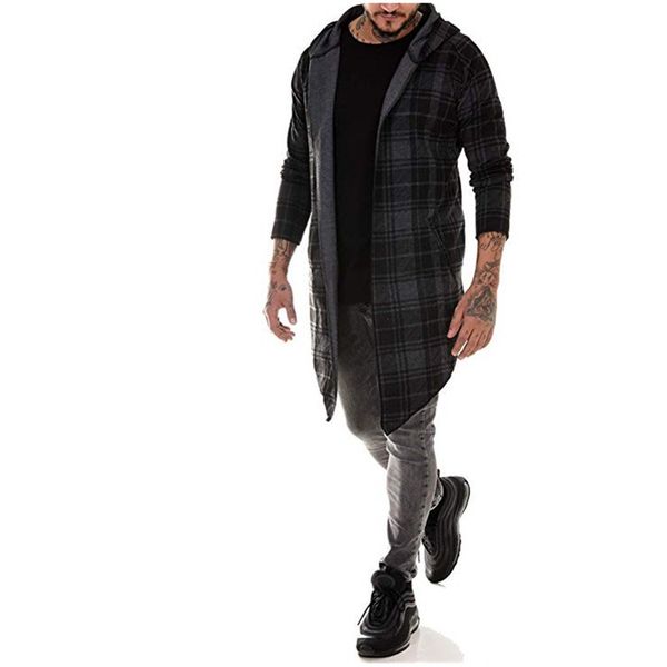 

autumn and winter popular plaid print hooded coat casual men lapel long coat light gray xxl clothing, Tan;black