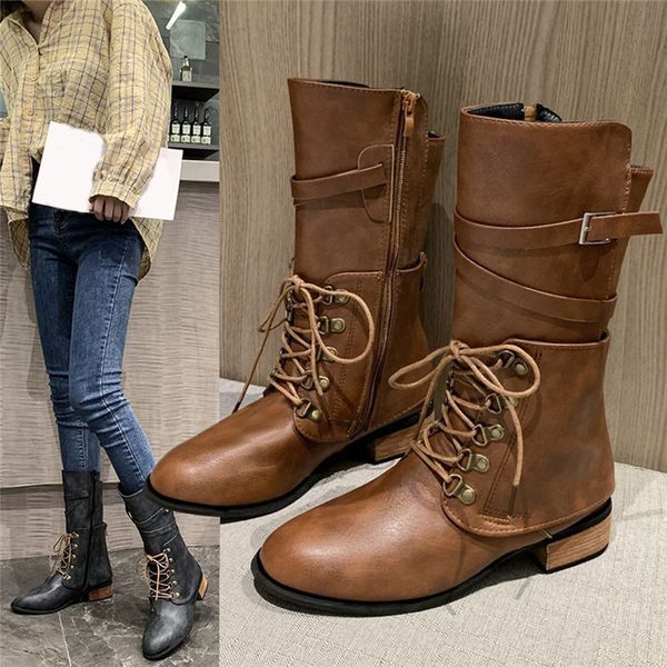 

новые женщины середины икры сапоги осень зима узелок vintage flat обувь sexy steampunk кожа ретро пряжки дамы snow boots, Black