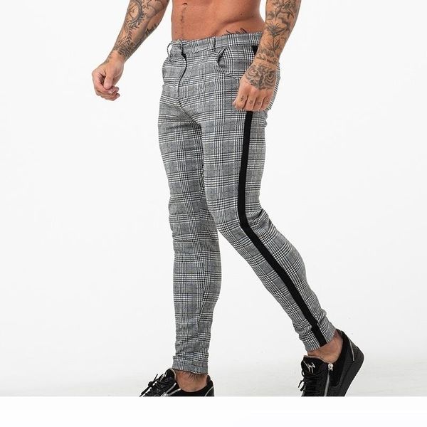 

2020 new fashion designer mens jogger pants grey plaid chinos skinny pants for men side stripe stretchy fitting athletic body building, Black