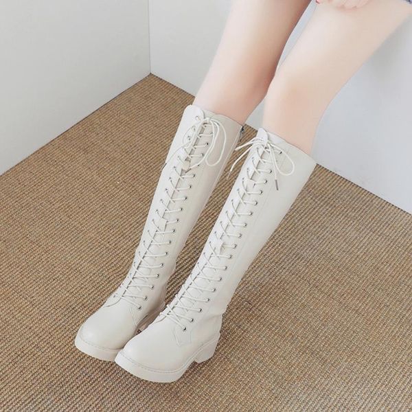 

new women over the knee boots ladies fashion retro med heels warm thick heels lace up shoes long autumn and winter boots, Black
