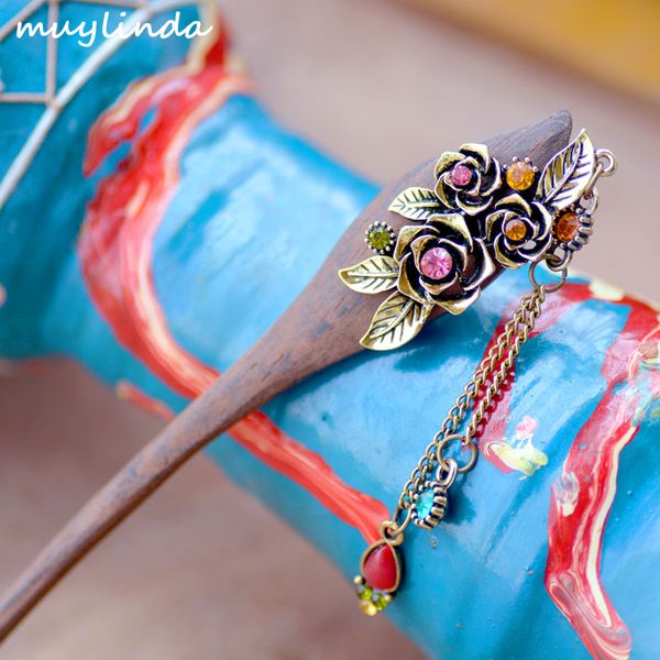 

retro wood flower hair jewelry hairpin chinese style antique bronze metal hair stick women costume accessories, Golden;silver