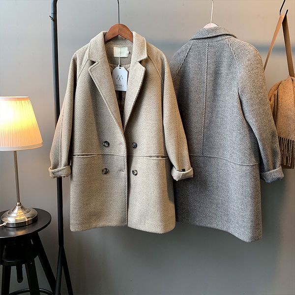 

mooirue winter femme blend coat single breasted padded woolen loose cotton suit vintage long coat feminino blazer 8879, Black