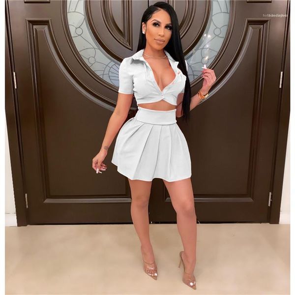

v neck short sleeve tshirt high waist skirt womens exposed belly two piece dress solid color sexy, White