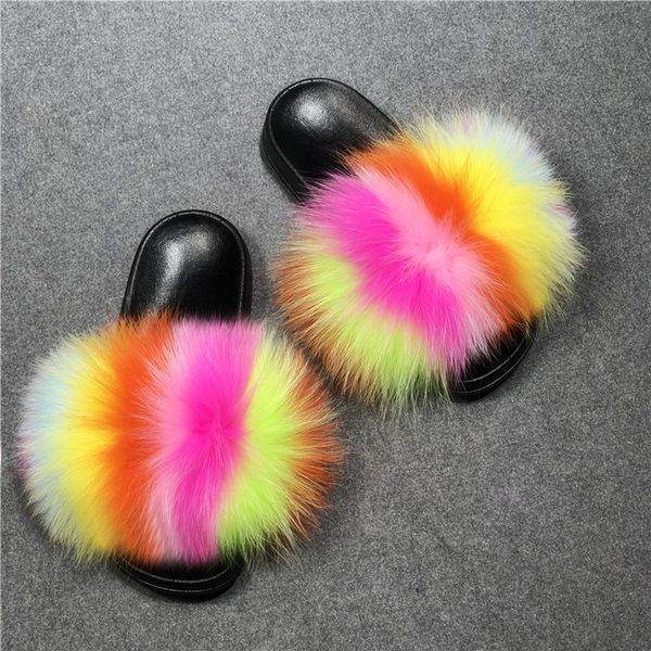 

kids/children's real fur slippers ladies fluffy furry slides female raccoon fur sandals women's beach flip flops home shoes, Black