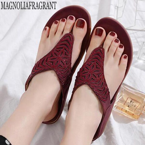 

new women sandals bohemian rhinestones embroidered beach flip flops summer fashion comfortable flat shoes women slippers hy349, Black