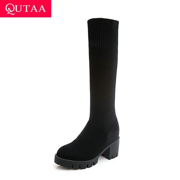 

qutaa 2020 scrub вязание колено высокие ботинки женщин зимы осени квадратный каблук женская обувь платформа round toe winter boots size34-43, Black