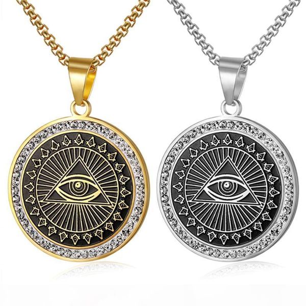 

hip hop mens ason pendant necklace iced out rhinestone illuminati all-seeing eye coins round charming necklace, Silver