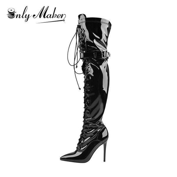 

onlymaker women's black zip lace-up 12cm high heel stiletto stretch over the knee high boot us5~us15 plus size women boots