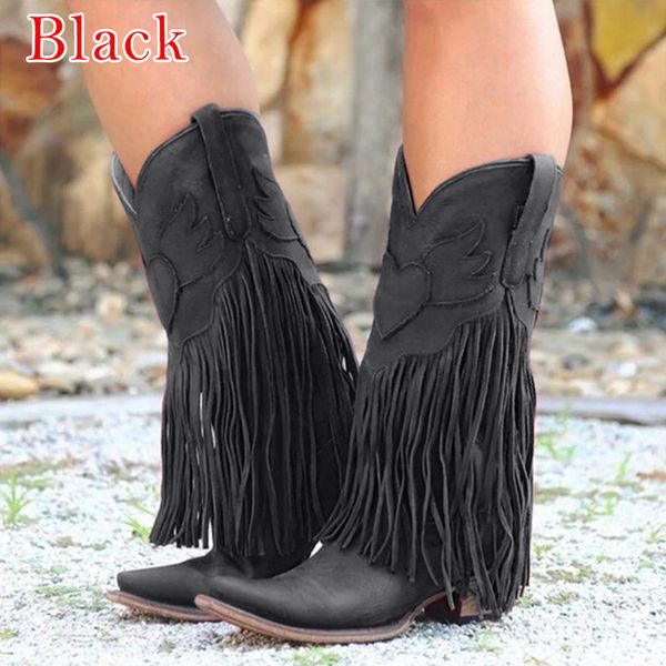 

2020 motorcycle boots fashion women mid-calf low heel bohemia style fringed cowboy boots shoes spring autumn women, Black