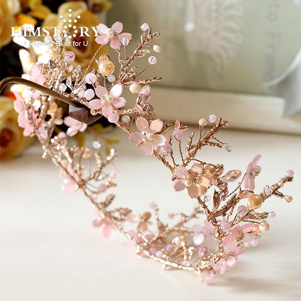 

himstory handmade sweet pink round flower tiara crowns branch bridal wedding diadema hair tiaras decoration accessories y200807, White;golden