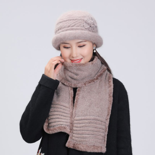 

beanie/skull caps women winter bucket hat sets flowers scarf skullies wool mixed fur warm outdoor knitted beanies hats cap shawl gifts, Blue;gray