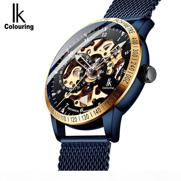 

ik colouring mens watches mesh stainless steel band automatic mechanical male clock skeleton steampunk relogio masculino y19051603, Slivery;brown