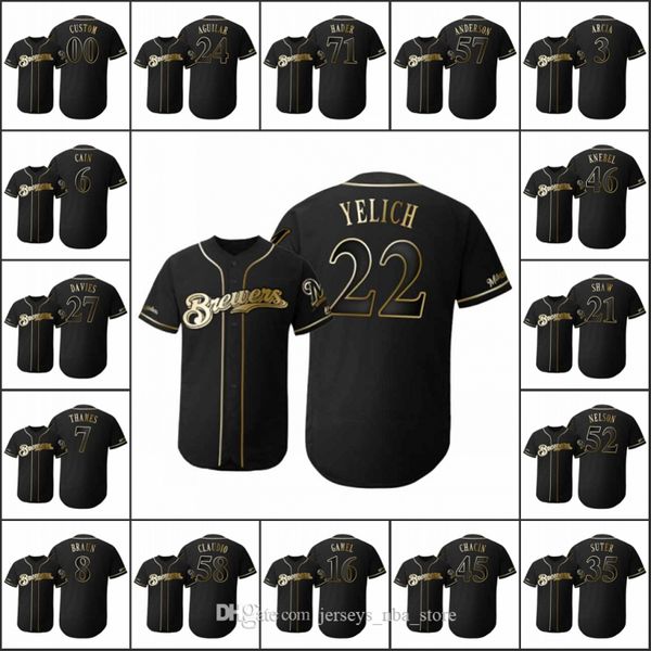 

milwaukee brewers men #22 christian yelich 8 ryan braun 35 brent suter women youth golden edition black flex base custom jersey, Blue;black