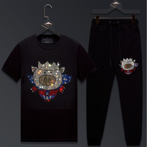 

2020 new men's suit with handsome short-sleeved casual fashion diamond t-shirt male tencel trousers plus size men's t-shirt, White;black