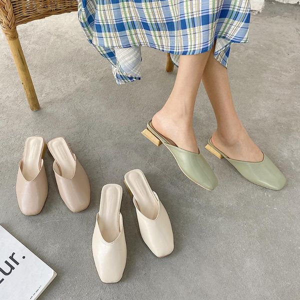 

square vintage chunky-heel slippers 2020 summer new red fairy wind simple shoes women's shoes women slippers, Black