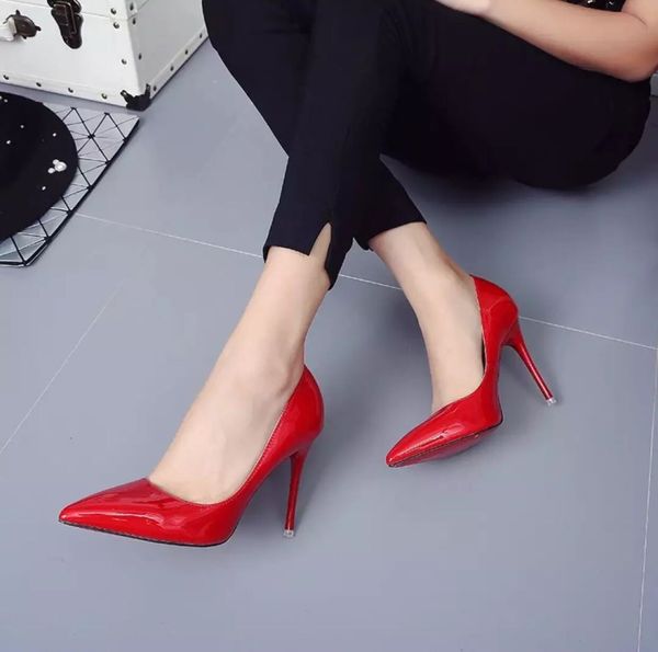 

shoes female students korean style nude high heels womens thin heeled pointed toe all-match black patent leather blue large-sized shoes wome
