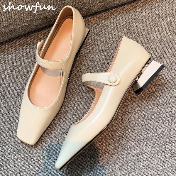 

women's genuine leather botton buckle mary jane flats square toe style casual daily comfortable footwear shoes for women sale, Black