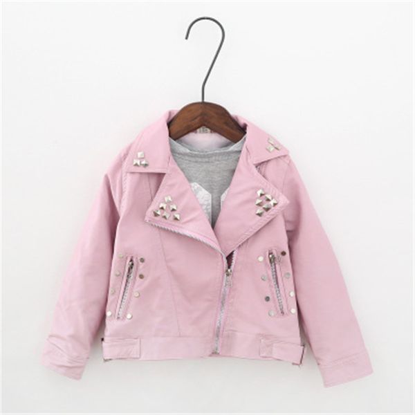 

pu leather baby girls jacket zipper metal rivets motorcycle leather kids jackets girls short coat clothing children jacket, Blue;gray
