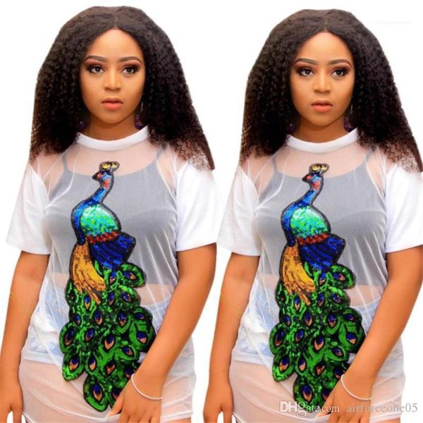 

designer perspective tshirts gauze panelled peacock crew neck short sleeve fashion feamle clothing plus size casual apparel womens summer, White