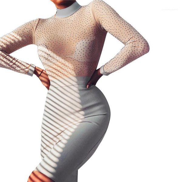 

patchwork natural color long sleeve casual dresses womens bodycon dresses fashion rhinestone panelled dress sheer, Black;gray