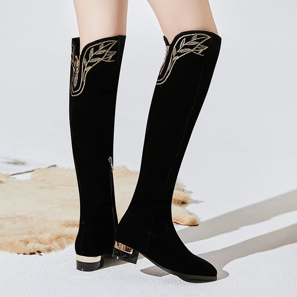 

women's winter high boots over the knee boots women quality flock casual low heel shoes woman black woman long size 34-43