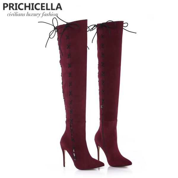 

prichicella redwine натуральная кожа боковых боковых боков на шнурок бедра stiletto каблуки сексуальная осень зима высокие пинетки lj201030, Black