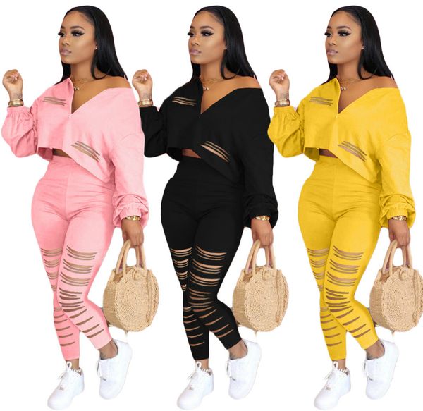 

women casula clothing sets 2020 new autumn fashion solid color clothing suits womens short + long pants hollow out two pieces sets, White