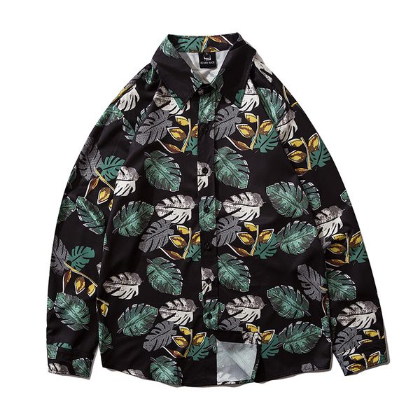 

autumn men's print loose black shirt street trend hip-hop men's long-sleeved casual oversize shirt, White;black