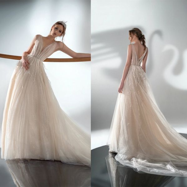 

2021 elegant wedding dresses v neck sleeveless appliques feather bridal gowns custom made backless sweep train a-line wedding dress, White