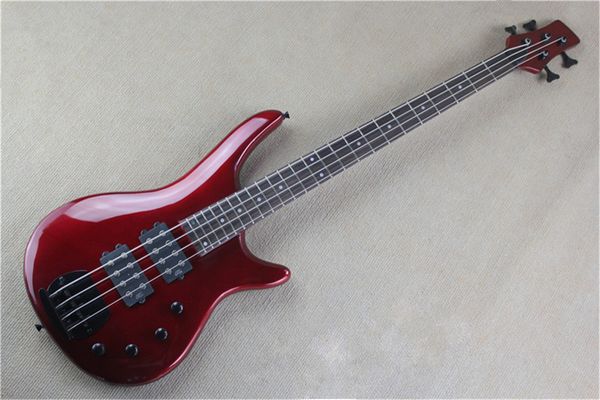 E-Bass mit 4 Saiten, dunkelweinrotem Korpus und 2 Humbucker-Tonabnehmern, schwarzer Hardware, individuell anpassbar