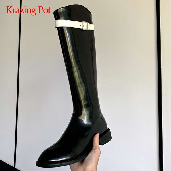 

boots krazing pot equestrian split leather mixed colors buckle decorations round toe thick low heel zipper thigh high l66, Black